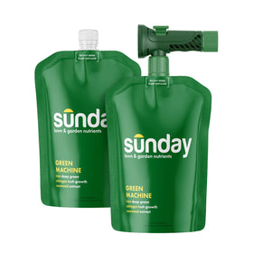 Sunday Green Machine fertilizer bottle closeup for lush lawn preparation