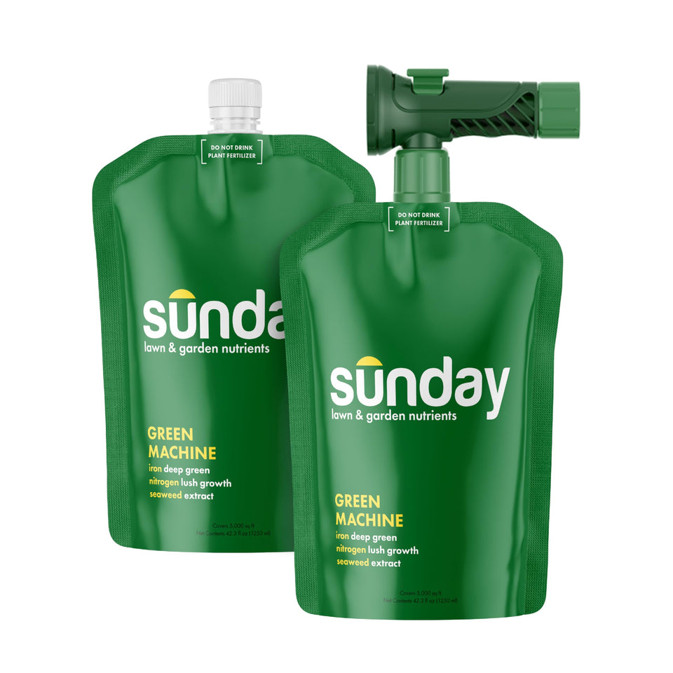 Sunday Green Machine fertilizer bottle closeup for lush lawn preparation