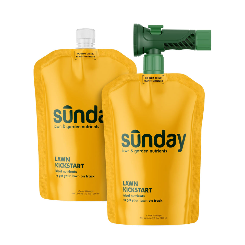 SUNDAY Lawn Kickstart bottle label highlighting 22-0-2 nutrients for healthy growth