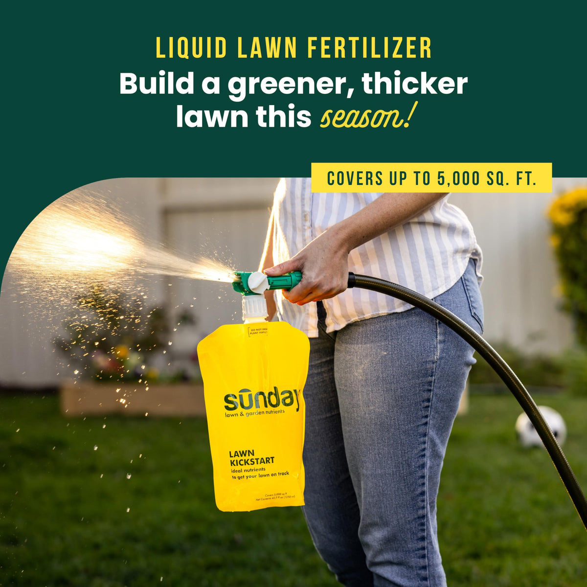 SUNDAY Lawn Kickstart universal sprayer attachment ready for hose applications