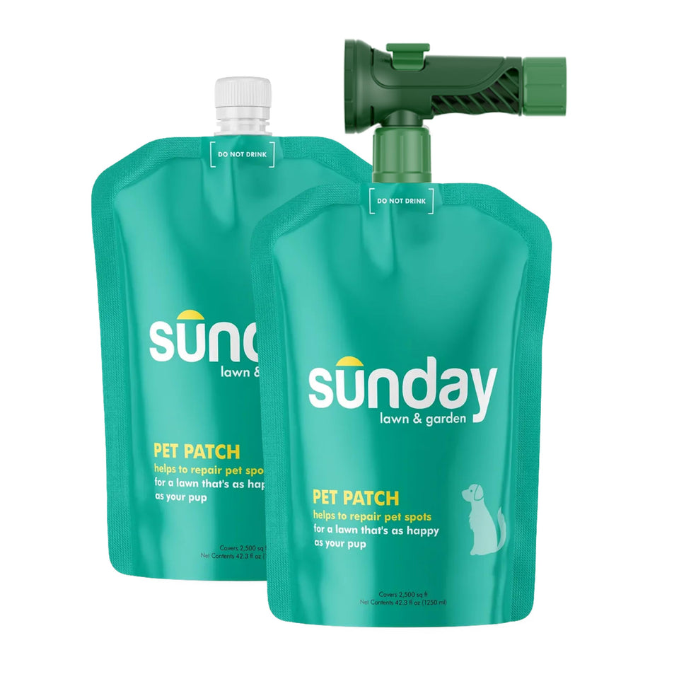 Sunday Pet Patch bottle pour demonstrates hose-end application on a lawn.