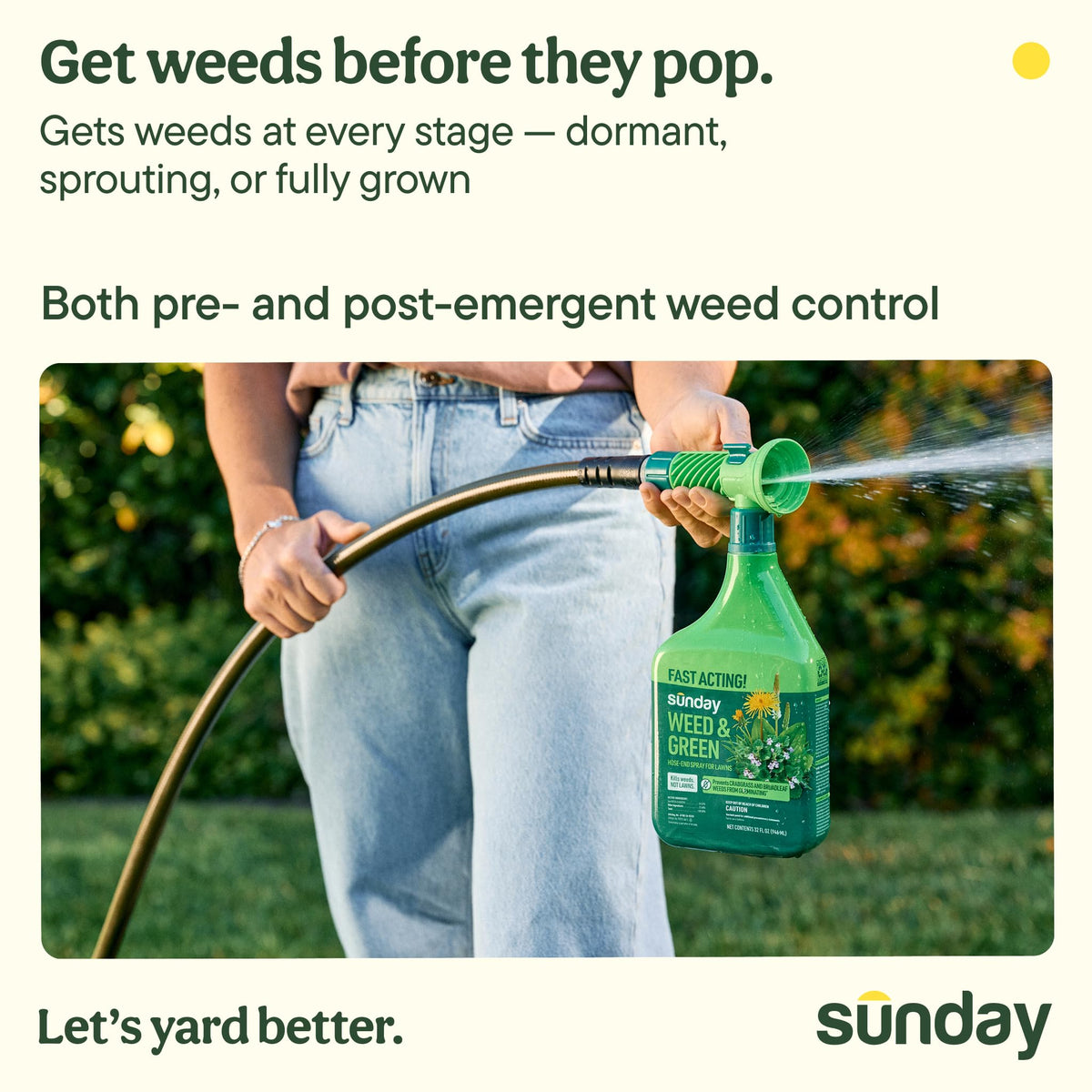 Bottle connected to hose showing quick, even coverage on lawn