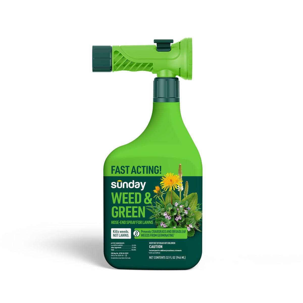 SUNDAY Weed & Green hose-end sprayer attached for easy lawn treatment