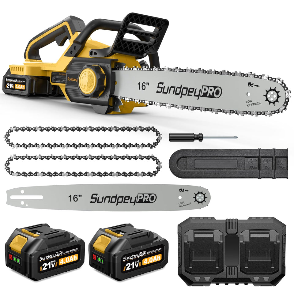 SundpeyPRO 42V 16 inch chainsaw showing the brushless motor for powerful cuts in outdoor tasks