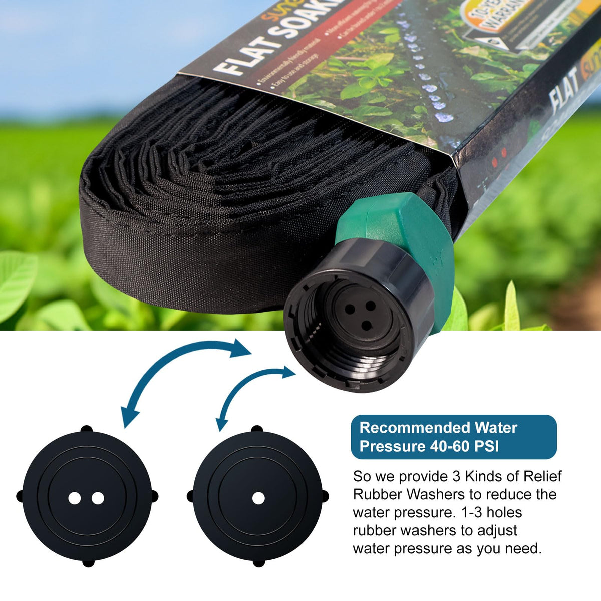 Suneed flat soaker hose rolled for compact storage.