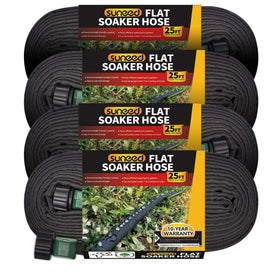 Suneed four-pack flat soaker hose delivering even watering to garden beds.