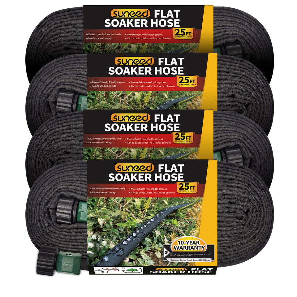 Suneed four-pack flat soaker hose delivering even watering to garden beds.