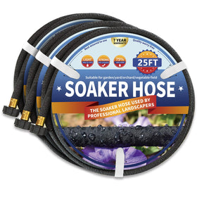 Suneed 25 ft soaker hose unrolled for even watering across garden beds.