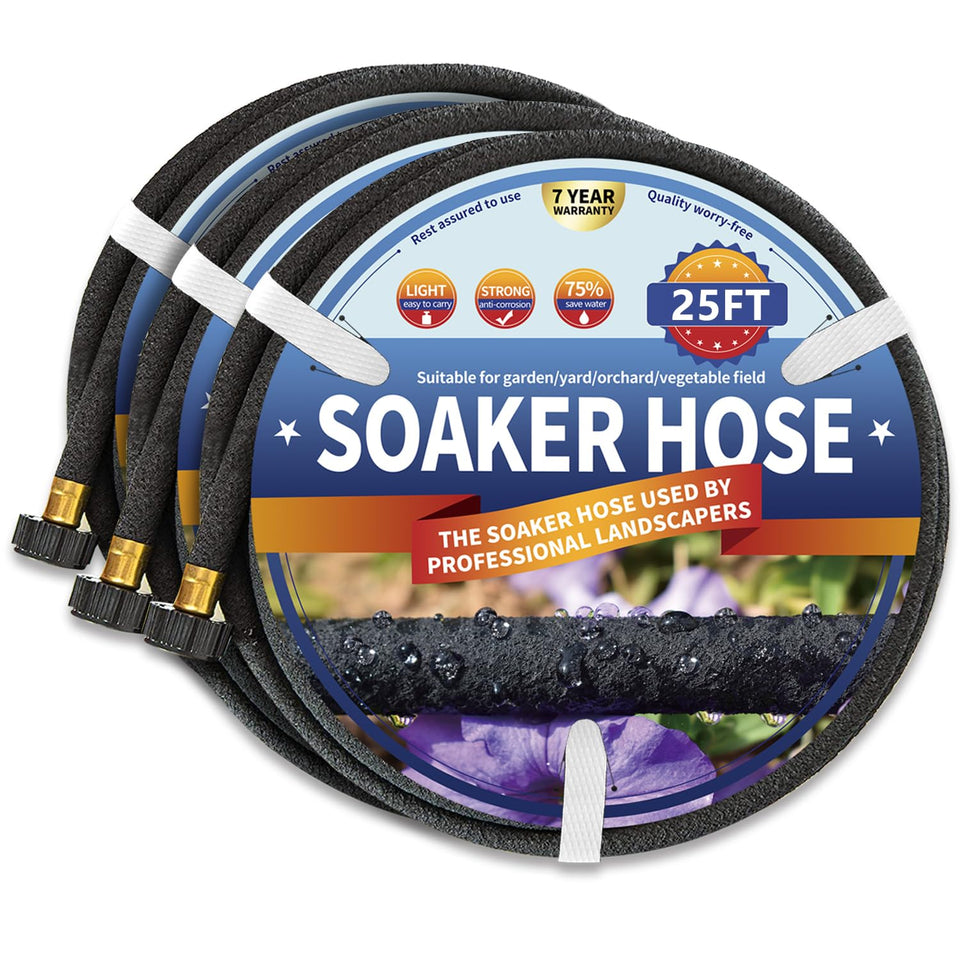 Suneed 25 ft soaker hose unrolled for even watering across garden beds.