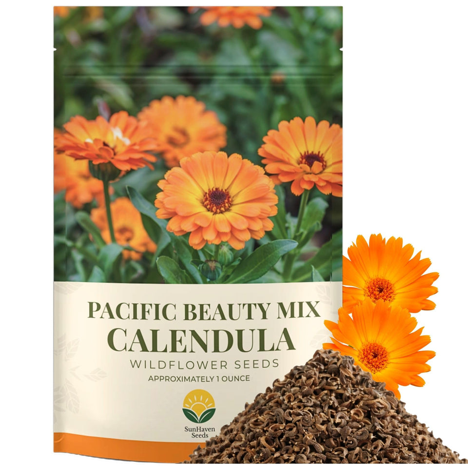 SunHaven Calendula Pacific Beauty Mix seed packet ready for sowing.