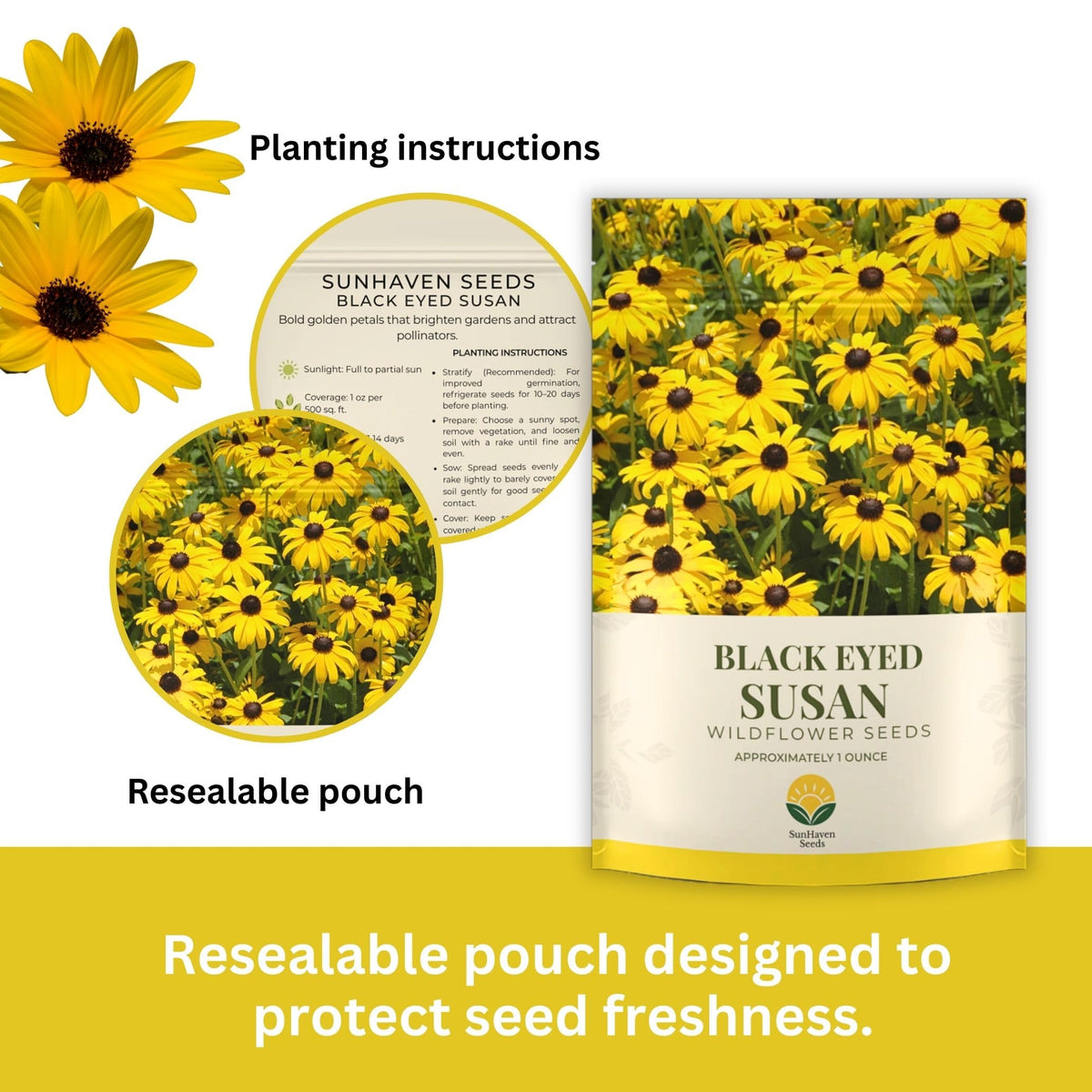 SunHaven Seeds Black-Eyed Susan seeds in resealable pouch back emphasizing storage.