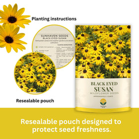 SunHaven Seeds Black-Eyed Susan seeds in resealable pouch back emphasizing storage.