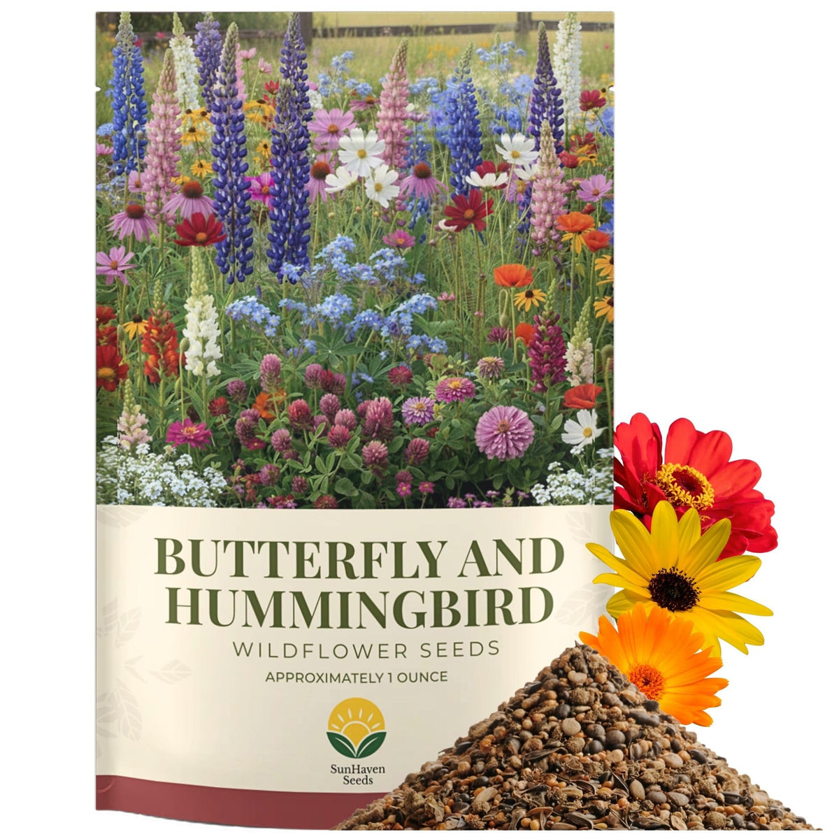 SunHaven Seeds butterfly-hummingbird wildflower pack attracts pollinators with vibrant nectar-rich blooms.