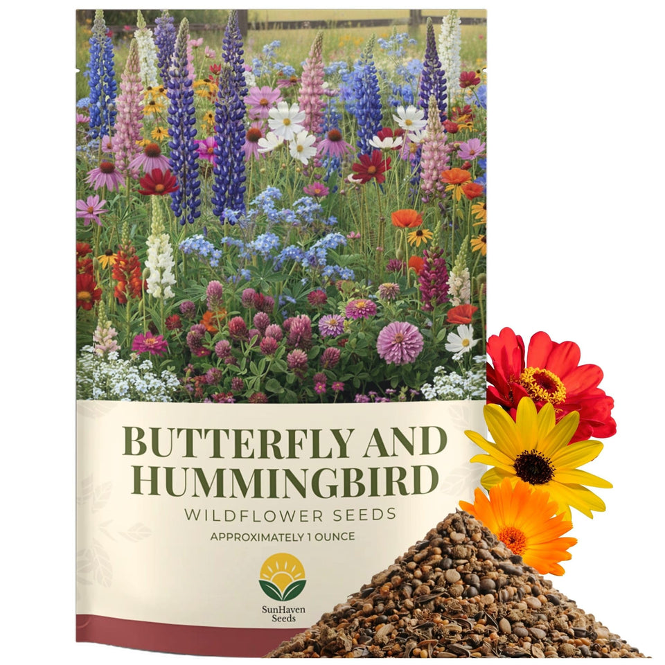 SunHaven Seeds butterfly-hummingbird wildflower pack attracts pollinators with vibrant nectar-rich blooms.