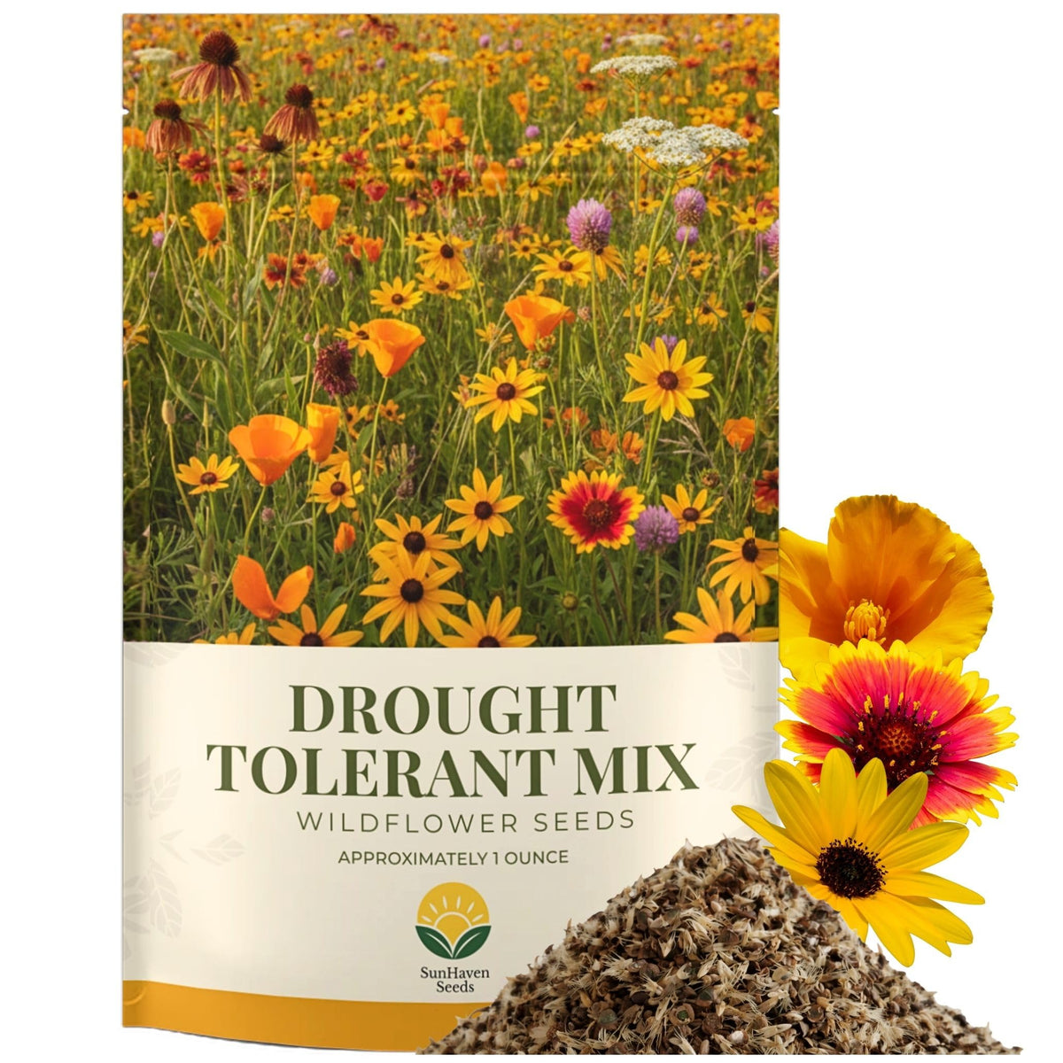 SunHaven Seeds drought-tolerant wildflower mix packaging shown for long-term storage and easy reseal