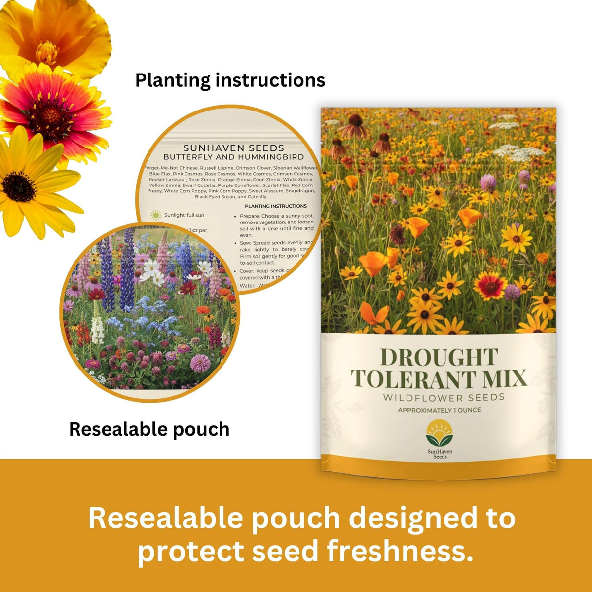 SunHaven Seeds drought-tolerant wildflower mix seed close-up reveals vibrant, ready-to-plant seeds