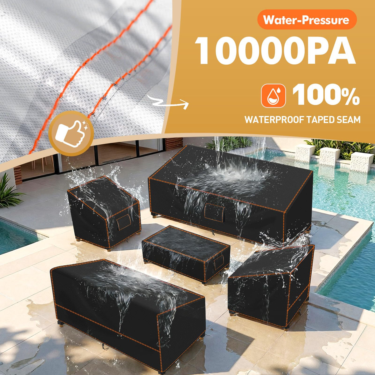SUNICO sofa cover shows dimension fit for standard sofas outdoors