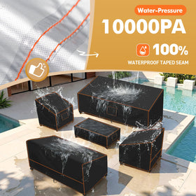 SUNICO sofa cover shows dimension fit for standard sofas outdoors