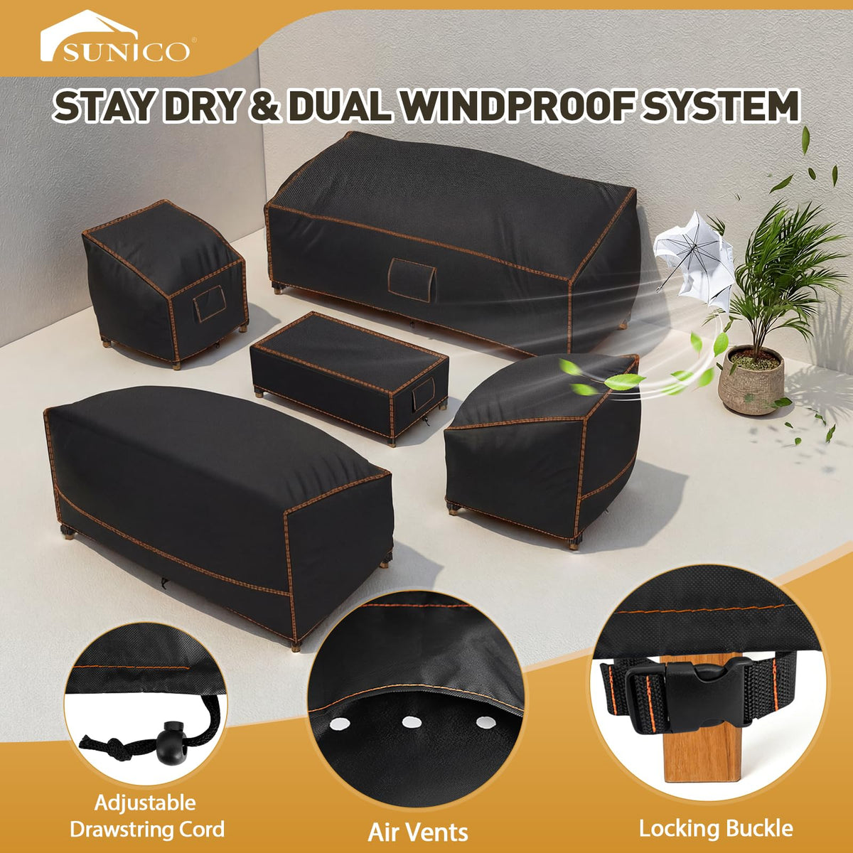 SUNICO wind-drawstring system close-up for secure outdoor mounting