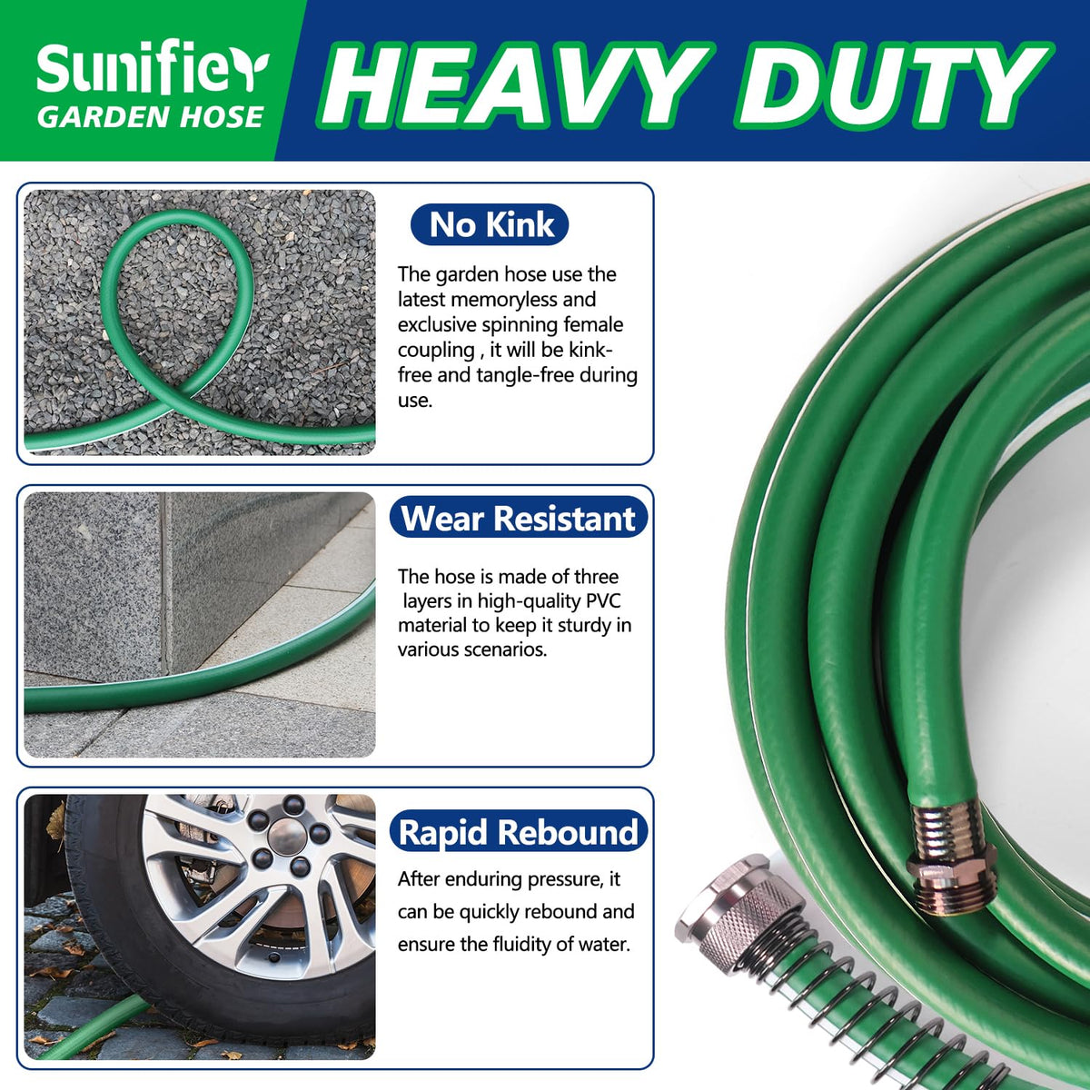 Sunifier five-eighth-inch diameter hose balances water pressure for gardening and washing.