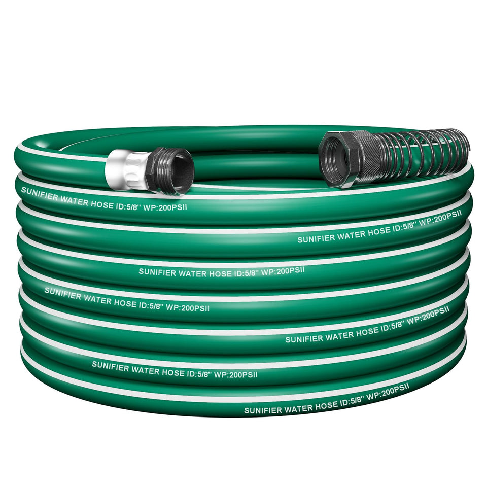 Sunifier heavy-duty garden hose 50ft coiled, ready for versatile outdoor tasks.