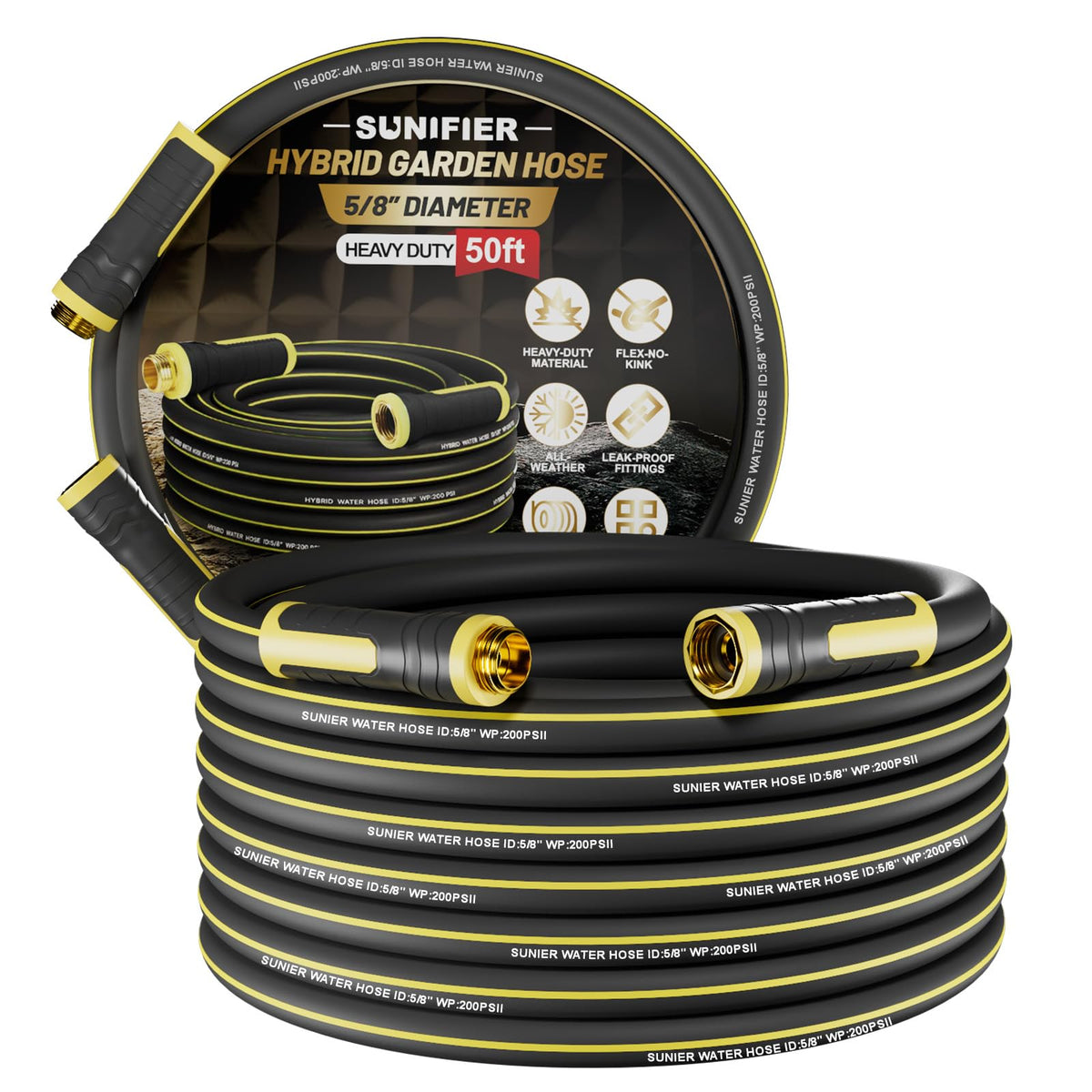 Sunifier Hybrid Rubber Hose 50ft, coiled, for quick watering and tidy storage.