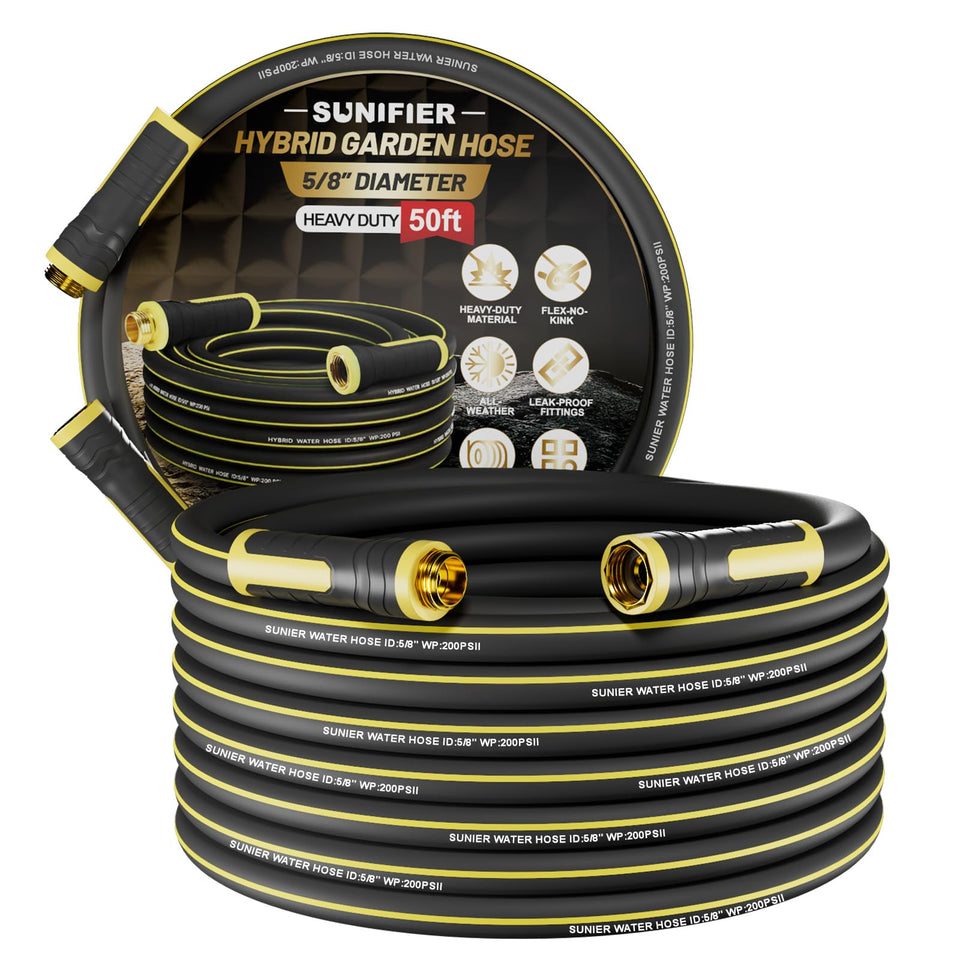 Sunifier Hybrid Rubber Hose 50ft, coiled, for quick watering and tidy storage.