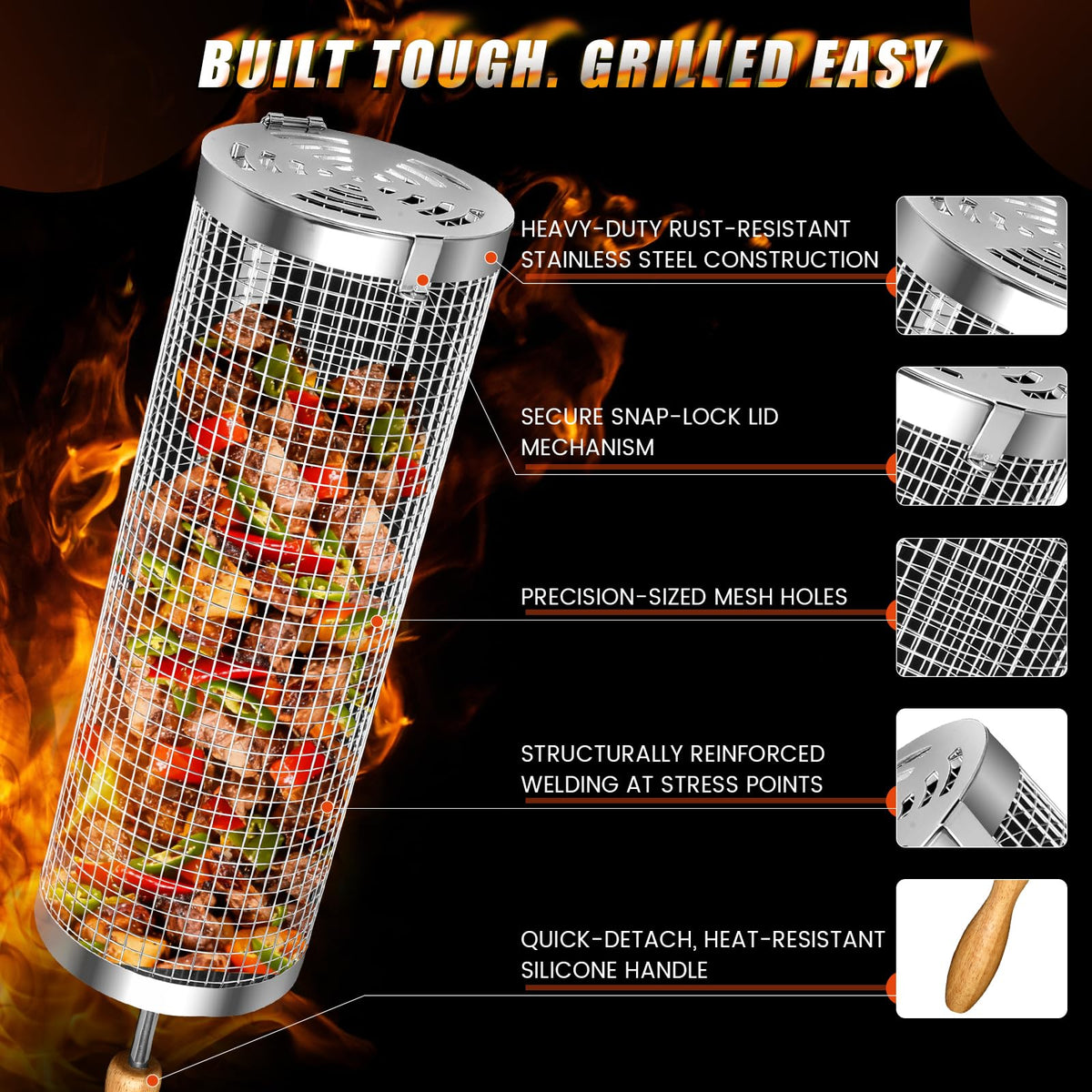 Sunlifer rolling bbq basket dishwasher safe feature facilitates easy cleanup after grilling.