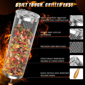 Sunlifer rolling bbq basket dishwasher safe feature facilitates easy cleanup after grilling.