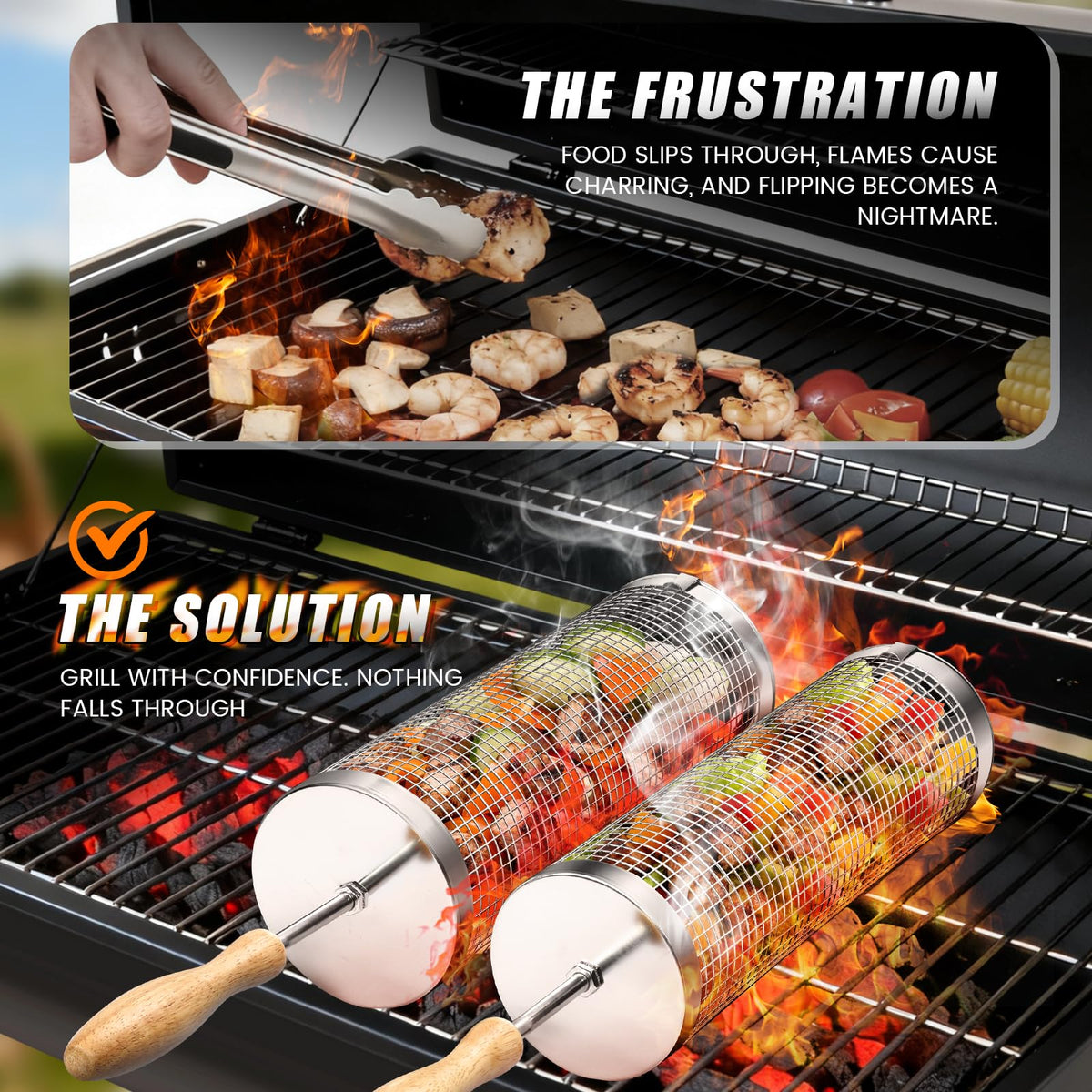Sunlifer rolling bbq basket meats emphasizes versatile use for veggie and meat combos.