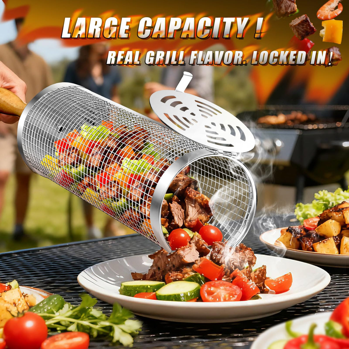 Sunlifer rolling bbq basket smooth rolling demonstrates even cooking across the grill rack.