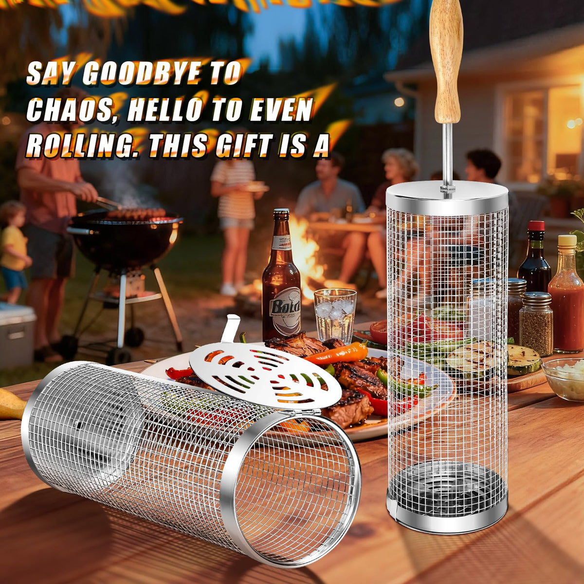 Sunlifer rolling bbq basket universal fit design fits most grills for versatile outdoor cooking.