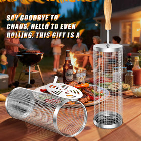 Sunlifer rolling bbq basket universal fit design fits most grills for versatile outdoor cooking.