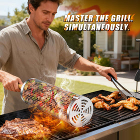 Sunlifer rolling bbq basket veggies highlights safe, grease free roasting of vegetables.