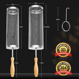 Sunlifer rolling bbq basket wood handle detail adds comfortable detachable grip for safer handling.