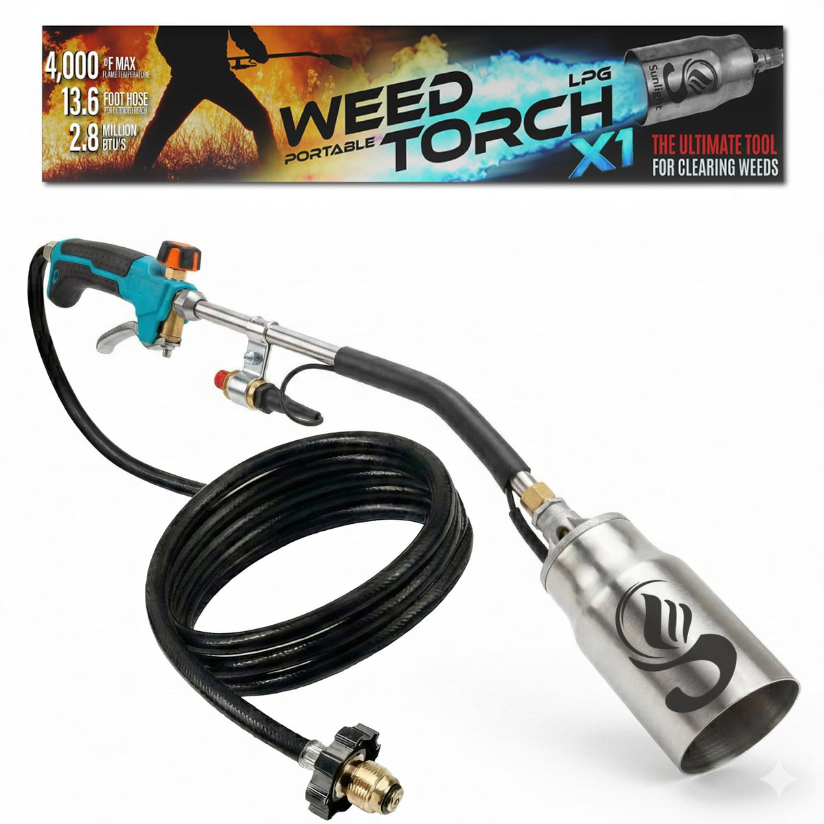 Sunlight Charcoal Propane Torch Weed Burner with 13 ft hose in action for chemical-free yard weed control