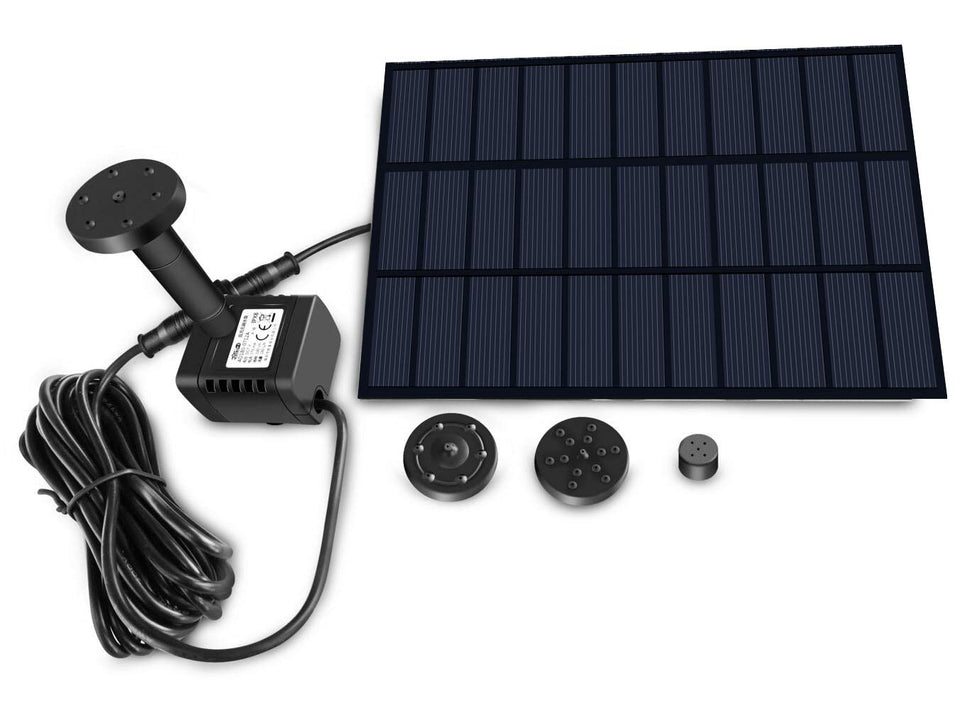 Sunlitec solar panel powers a birdbath fountain for an eco-friendly outdoor feature.