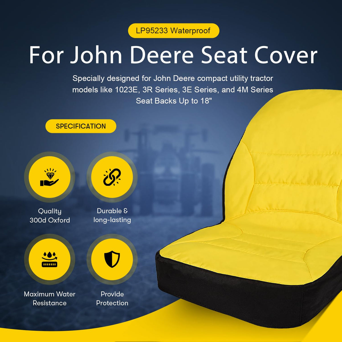 LP95233 seat cover fits up to 18 inches, protecting John Deere seats
