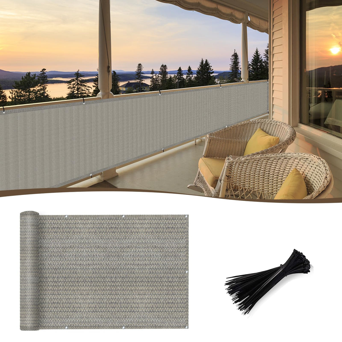 Sunny Guard balcony privacy screen 3x10 mounted on railing for elevated privacy and airflow.