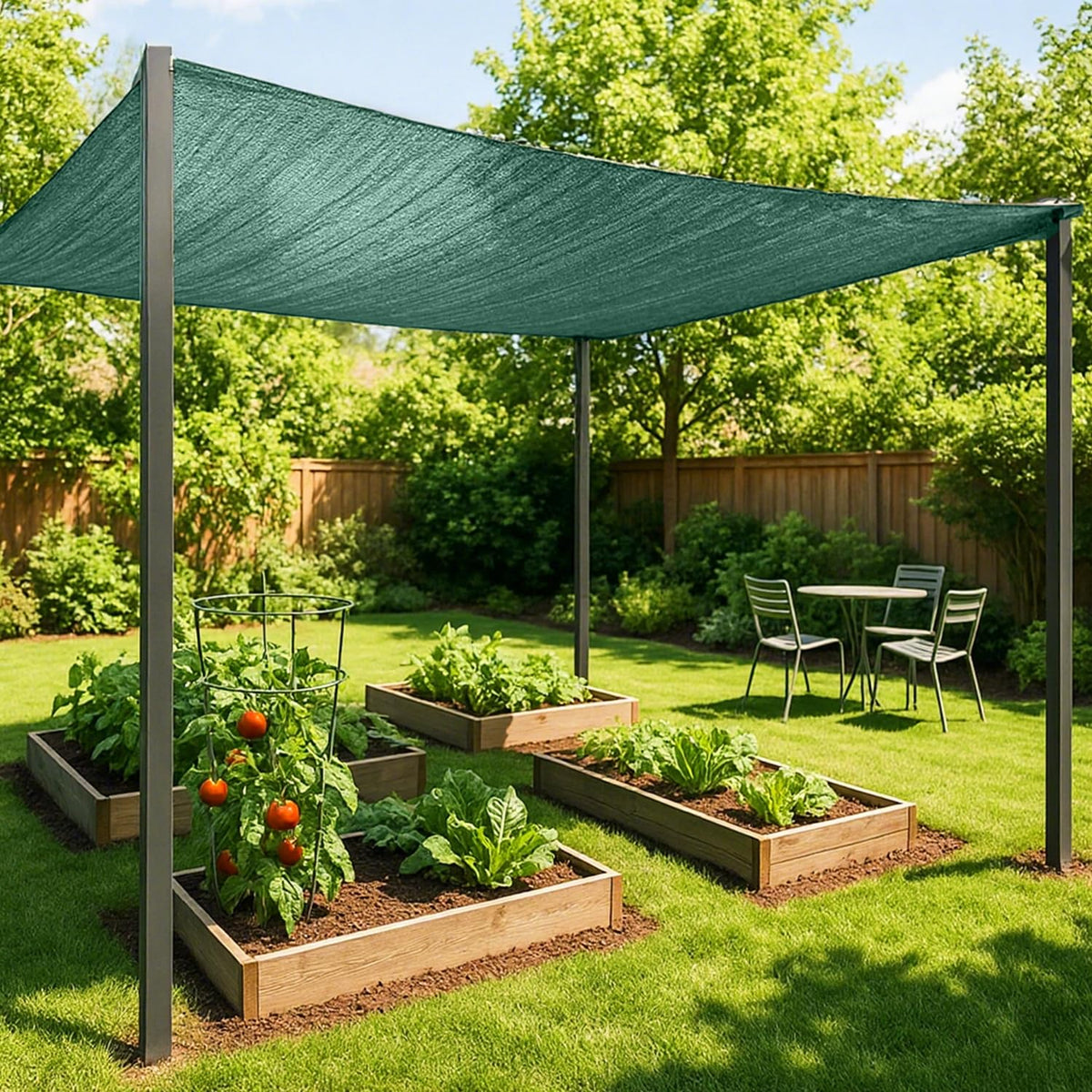 Sunny Guard shade cloth 6x8 green reduces sun exposure while maintaining airflow.
