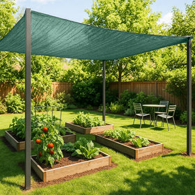 Sunny Guard shade cloth 6x8 green reduces sun exposure while maintaining airflow.