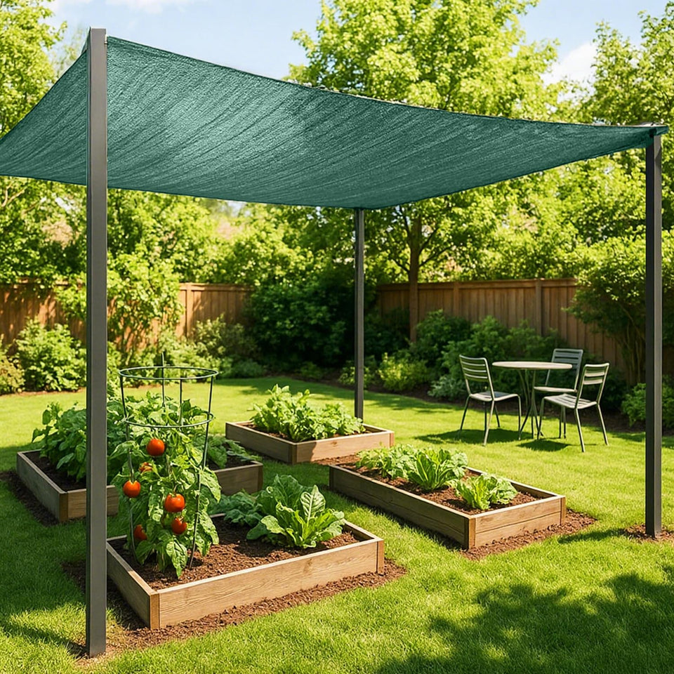 Sunny Guard shade cloth 6x8 green reduces sun exposure while maintaining airflow.