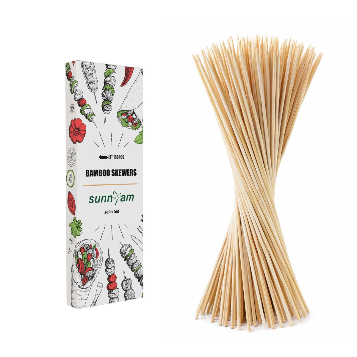 Sunnyam 4mm bamboo skewers for grilling with sturdy handling.