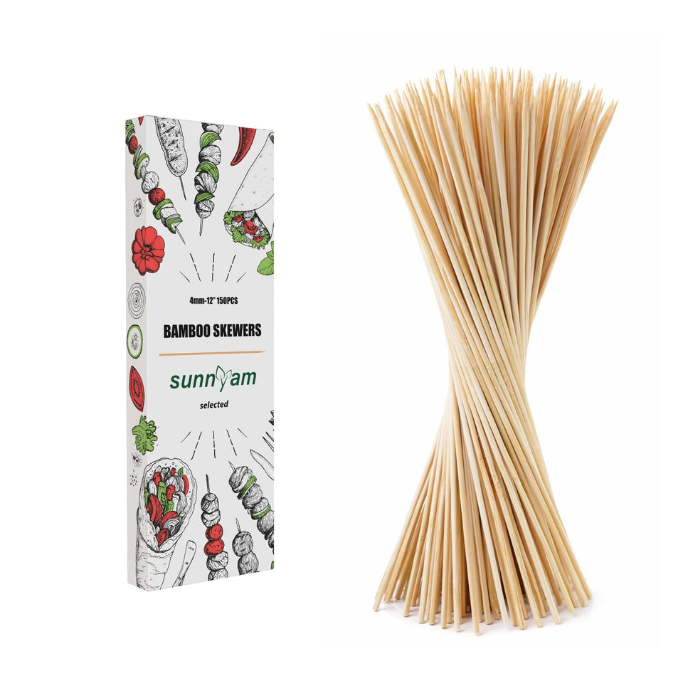 Sunnyam 4mm bamboo skewers for grilling with sturdy handling.