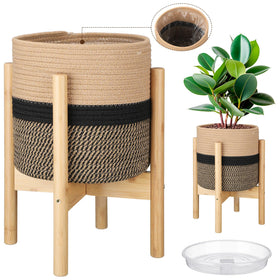 Sunnychicc basket-stand 10inch black-beige stripes front view, stylish plant display with sturdy support.