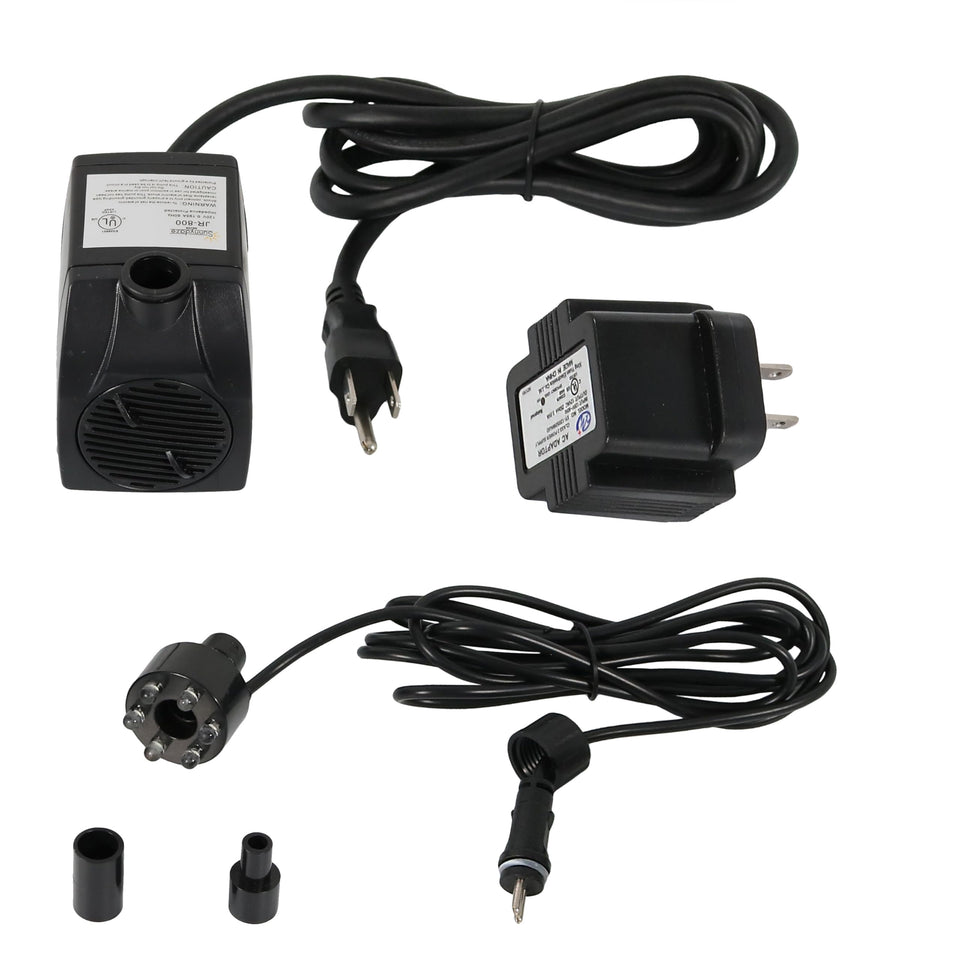 Sunnydaze 200GPH submersible pump front view ideal for compact garden fountains.
