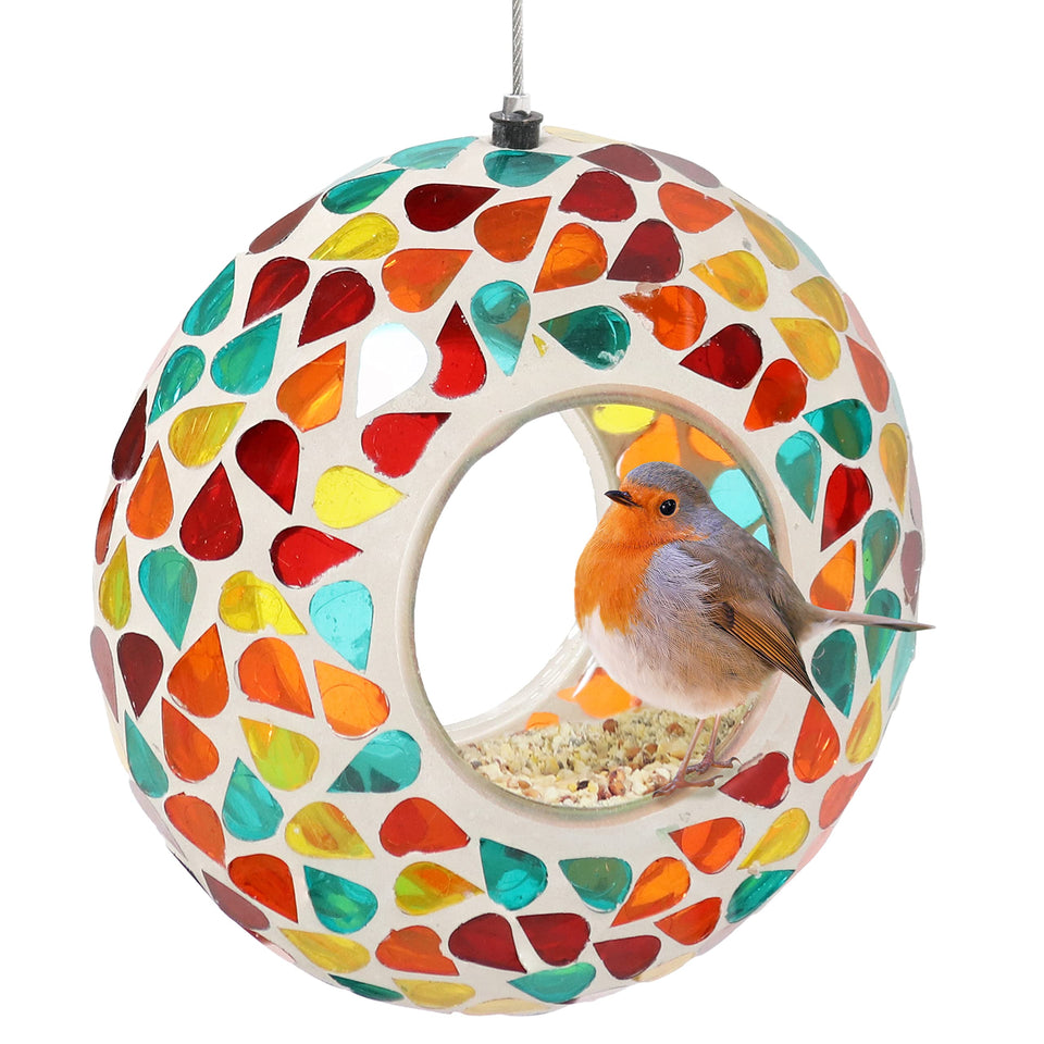 Sunnydaze Confetti Mosaic Bird Feeder front view showing colorful glass mosaic