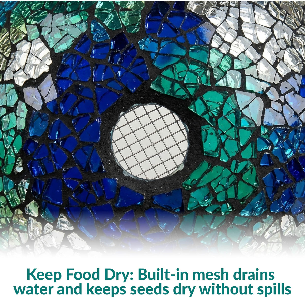 Sunnydaze Decor 10-inch glass feeder shown in vibrant mosaic colors.