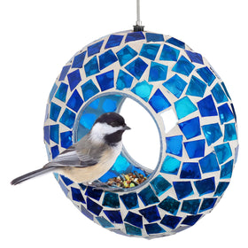 Sunnydaze Decor blue mosaic feeder closeup showing reflective glass pattern