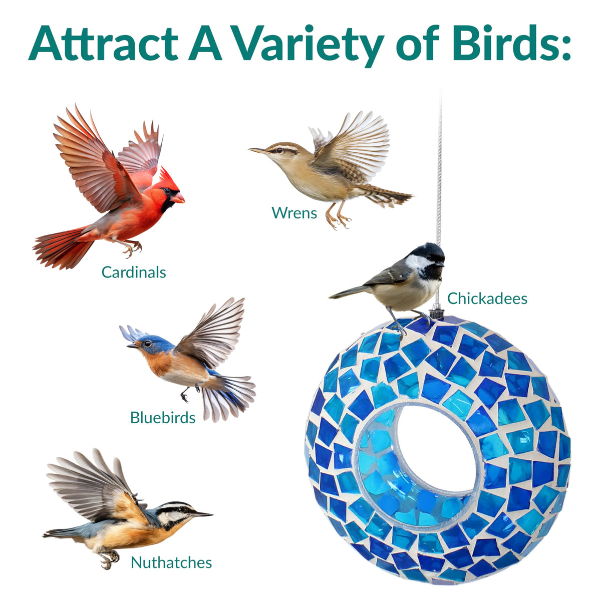 Sunnydaze Decor side-view blue mosaic feeder highlights durable construction